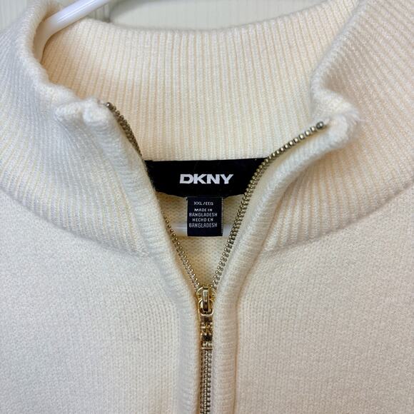NWT DKNY XXL Cream Quarter Zip Sweater Ribbed Hem Gold Zipper Women’s - Picture 4 of 4